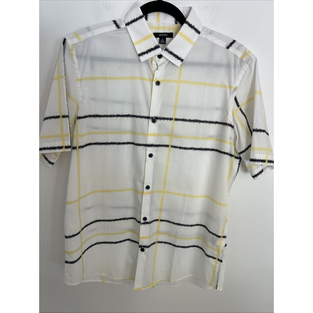 Alfani Men's Short Sleeve Button-Down Shirt M Cotton White Yellow Black